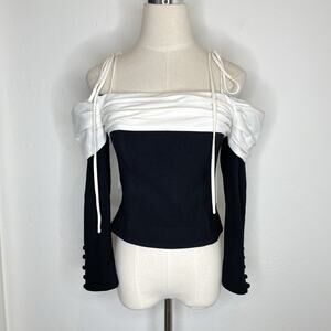 Sthr Studios City Girl Top Womens XS Black White Wool Silk Tie Shoulder